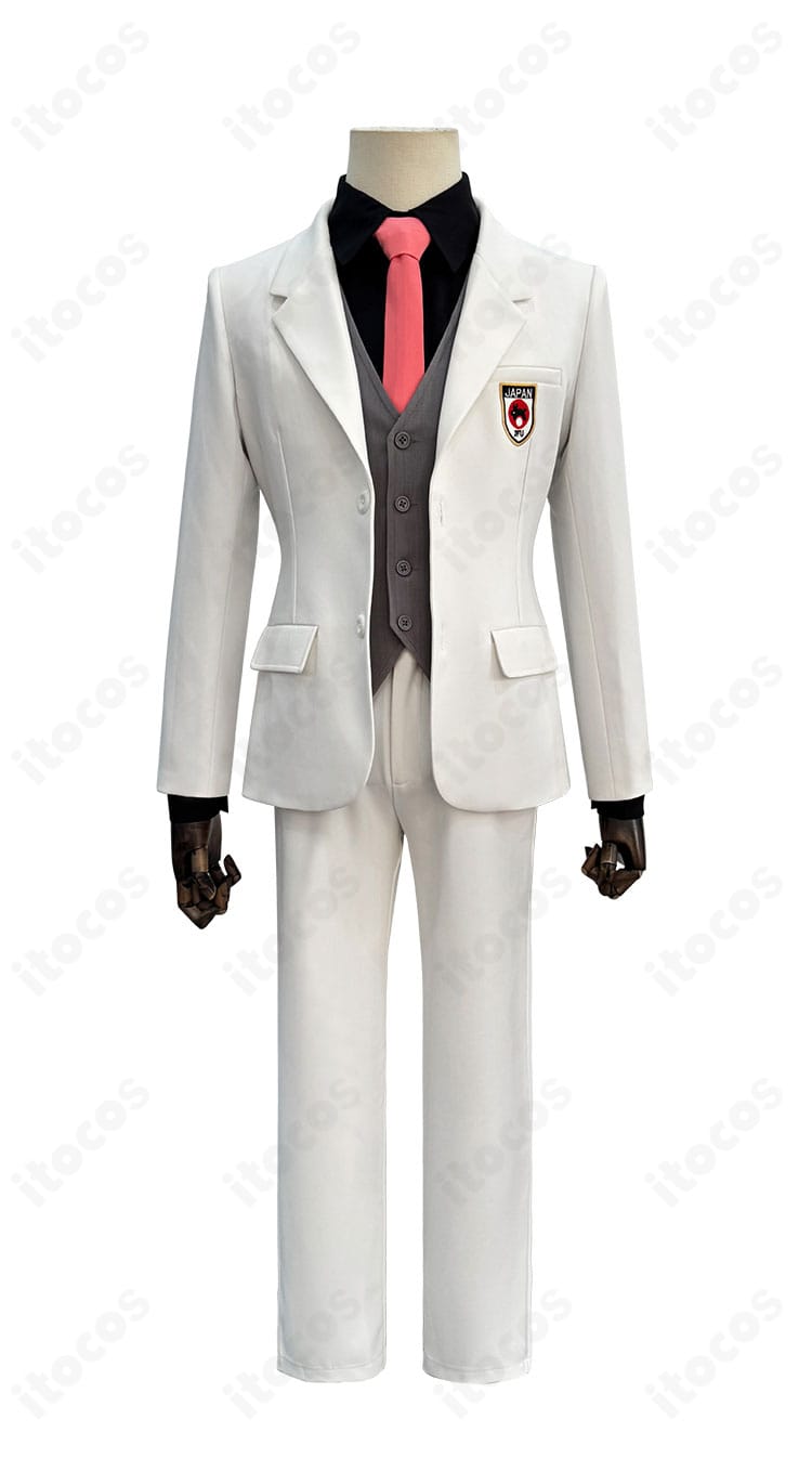 糸師冴＆オリヴァ・愛空イメージのスーツ正面写真。ラペルとネクタイの色味、シルエットが分かるフロントビュー。