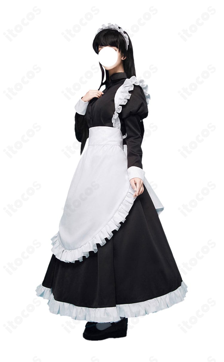 古見硝子 メイド服 袖口ディテール。繊細なレースと飾りボタンの近接写真。