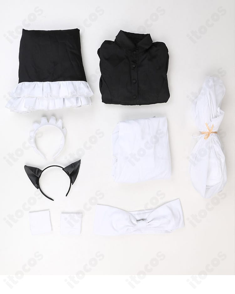 古見硝子 メイド服 セット内容一覧。トップス、スカート、エプロン、猫耳/メイドカチューシャ、背部リボン、靴下。