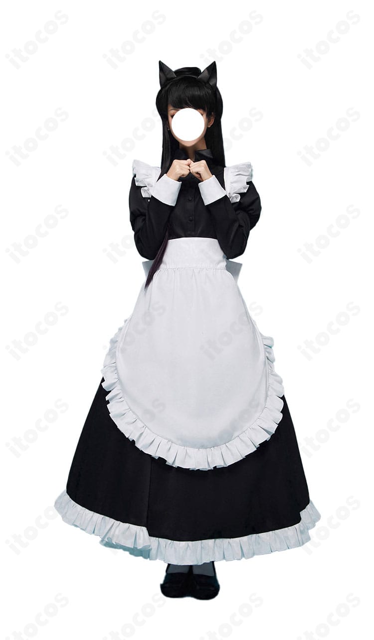 古見硝子 メイド服 コスプレ衣装 正面全身。エプロンとレース襟、Aラインスカートが高再現で映える。