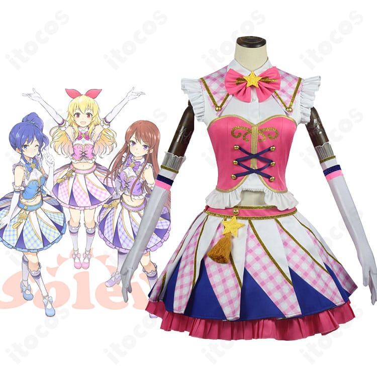 アイカツ！の星宮いちご（Soleil）のコスプレ一式とキャラクターイメージ。高発色で忠実再現されたITOCOS製衣装の全体イメージ。