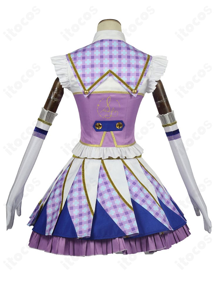アイカツ！紫吹蘭 Soleil コスプレ衣装の背面写真。背面の配色バランスと装飾位置を忠実に再現したディテール。