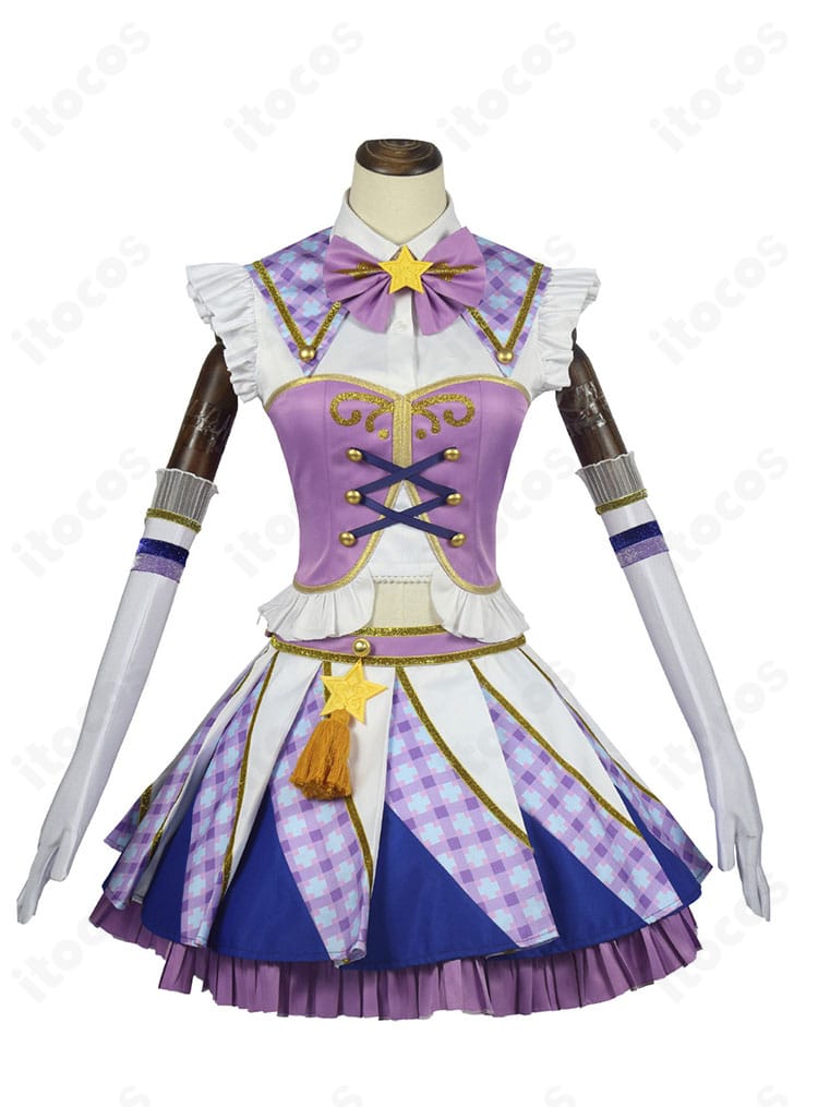 紫吹蘭 Soleil コスプレ衣装の正面写真。トップスとスカートの配色、胸元のスカーフなど主要ディテールを確認可能。