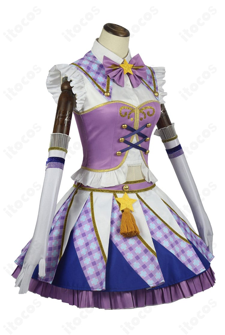 アイカツ！紫吹蘭 Soleil コスプレ衣装の側面写真。ライン取りと装飾の重なり、シルエットの立体感が分かるアングル。