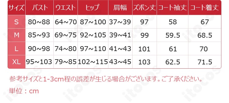 草薙寧々 フィエ・シュヴァリエ衣装 サイズ表記画像。S・M・L・XLの寸法対応を示す図