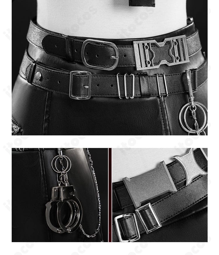 主人公『夜と共に』衣装の腰飾りディテール。ベルトと装飾パーツの重ね方と質感が分かる画像。