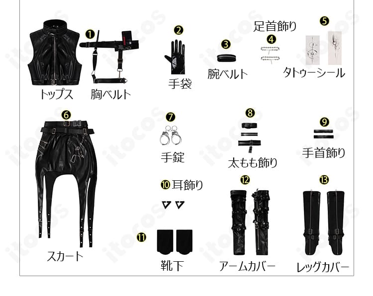 主人公『夜と共に』コスプレのセット内容一覧。トップスからアクセサリーまで一式が揃うことを示す配置画像。