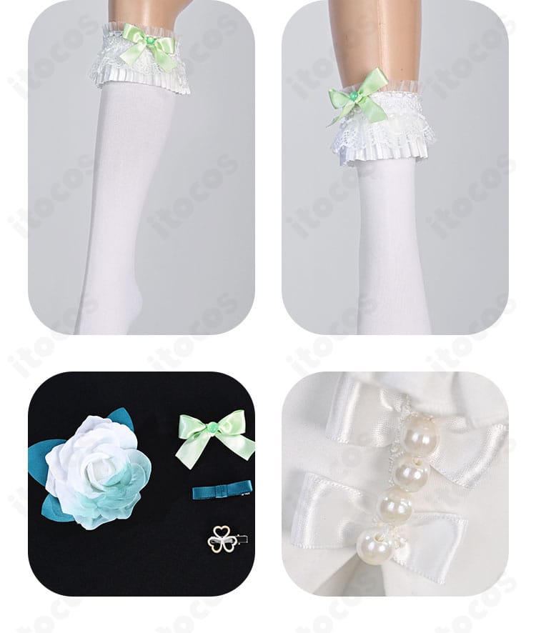 プロセカ 日野森雫 4周年衣装の足元飾り・ヘアアクセ・小物のセットコーデ。全体のカラーバランスが分かる画像。