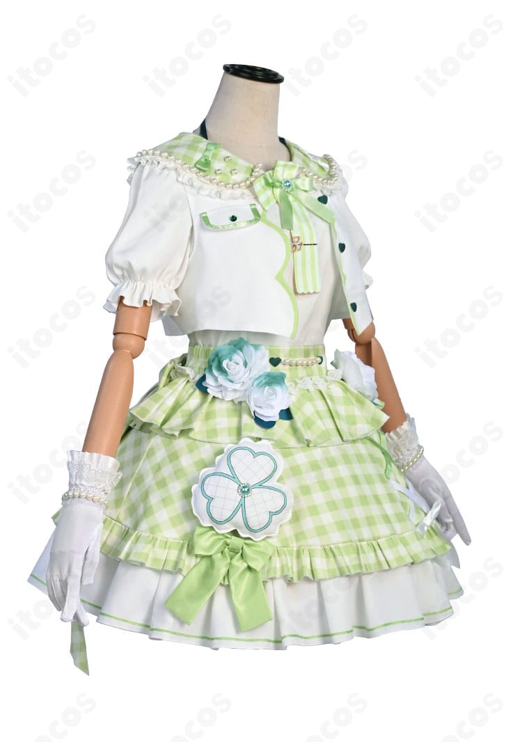 プロセカ 日野森雫 4周年衣装の側面。シルエットのフィット感とスカートの広がり、腰飾りの位置関係が分かる画像。