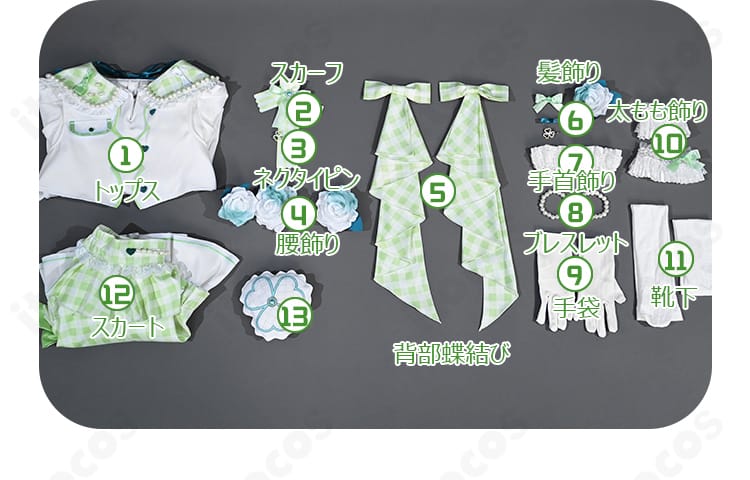 プロセカ 日野森雫 4周年衣装セット一式のレイアウト画像。トップス、スカート、飾り類、手袋、靴下までの内容一覧。