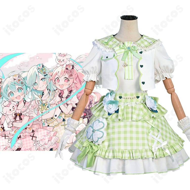 プロセカ 日野森雫 4周年 MORE MORE JUMP！衣装の全身再現イメージ。装飾配置と色味が分かるカット。