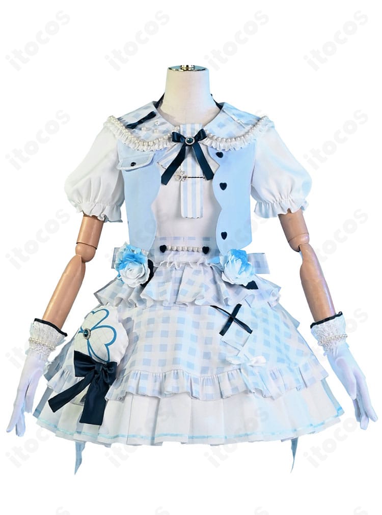 桐谷遥 4周年MMJコスプレ衣装の正面全体。トップス・スカーフ・スカートの配色と装飾を確認