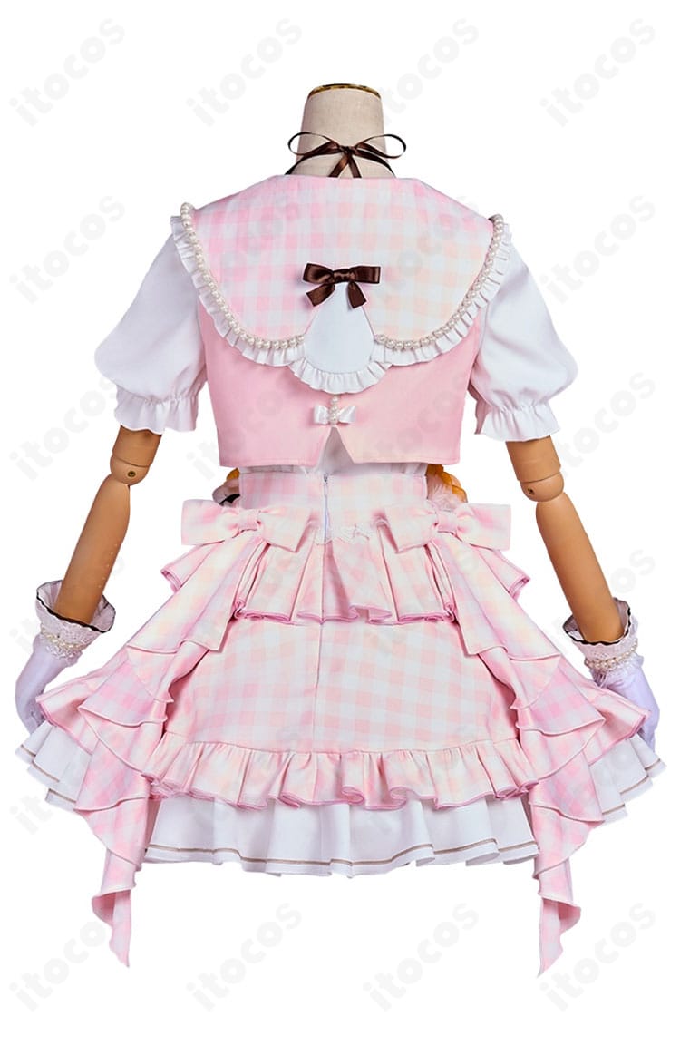 花里みのり 4周年衣装コスプレの背面全体像。背部の大きなリボンとライン取りをはっきり示す画像。