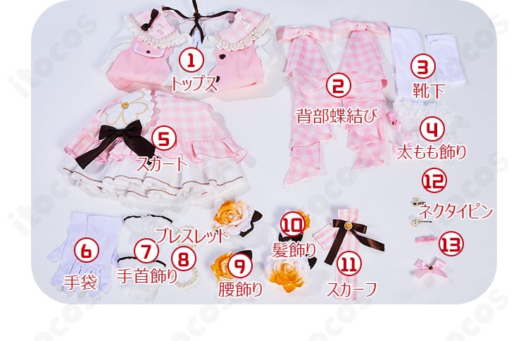花里みのり 4周年衣装コスプレのセット内容一覧。トップスから小物まで一式が並ぶ画像。