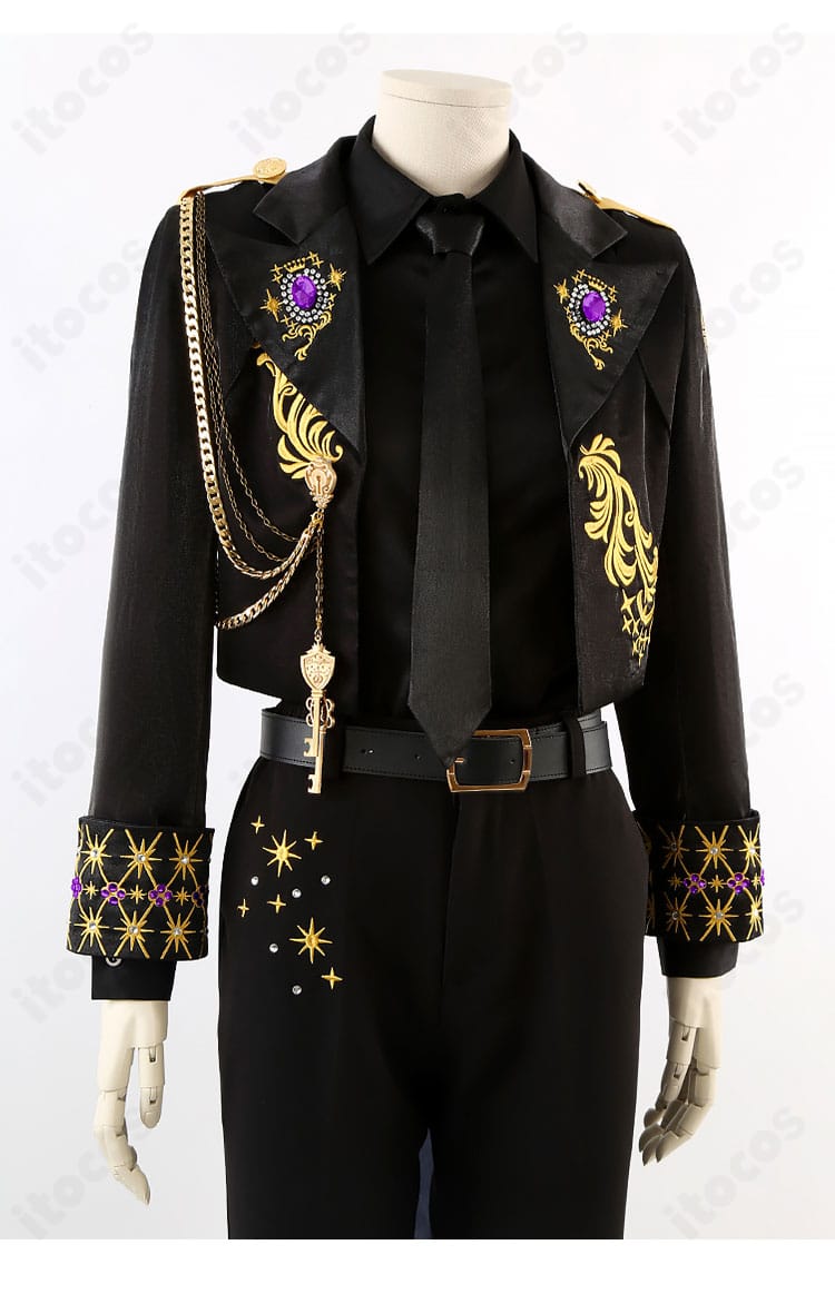 ツイステ 5周年記念衣装の襟元クローズアップ。刺繍と素材感、ネクタイ結びの見え方がわかる拡大写真。