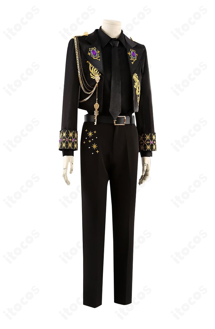 ツイステ 5周年記念衣装の側面。コートのラインとウエストのフィット感、ズボンのシルエットが分かる角度の写真。