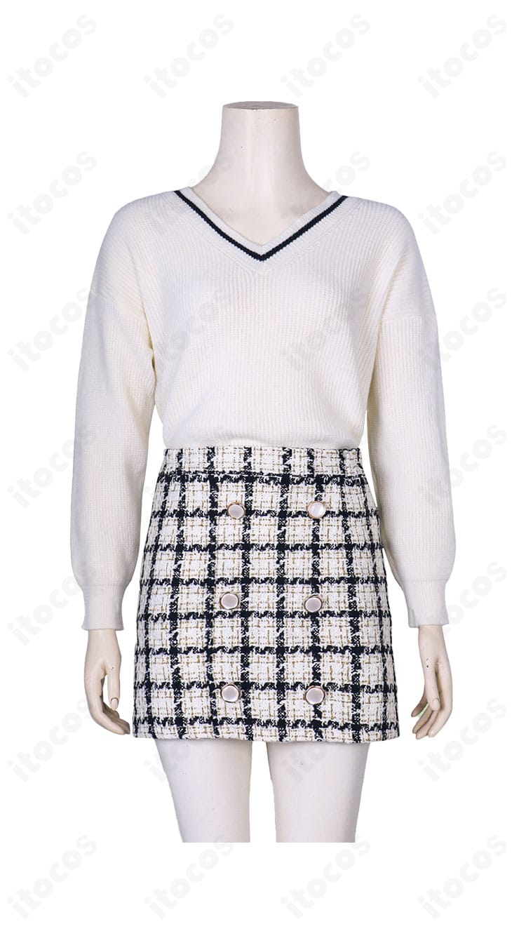 恋と深空 主人公（プレイヤー）春の出会いコスプレ衣装の正面全身。トップスとスカートの配色・シルエットが分かる撮影向けデザイン