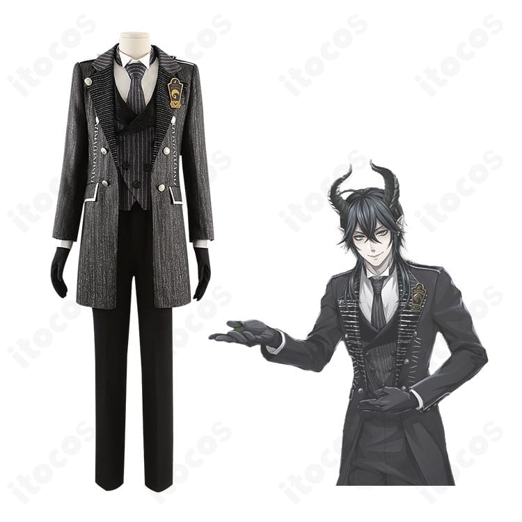 マレウス・ドラコニアのハロウィン ナイトメア―スーツを着用した全身イメージ。ツイステ世界観と威厳ある雰囲気を再現。