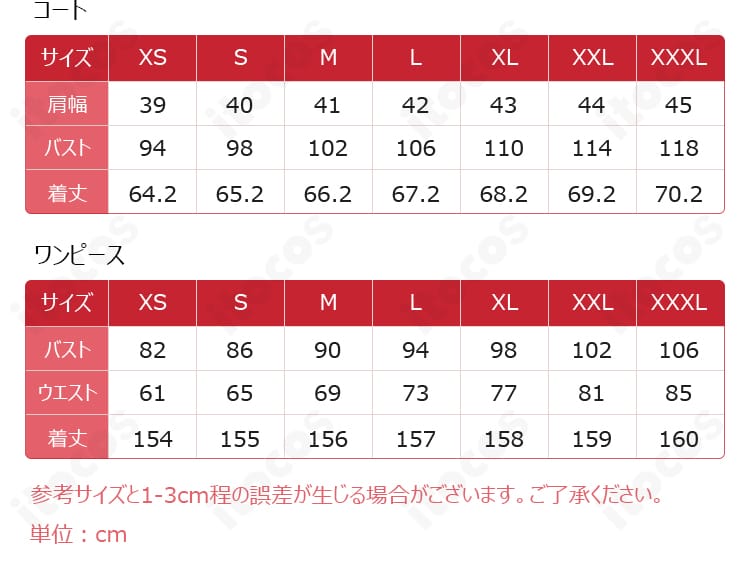 無期迷途 玉骨 コスプレ衣装のS〜XXLサイズ表と採寸ガイド。適切なサイズ選びのための寸法情報を示す画像。