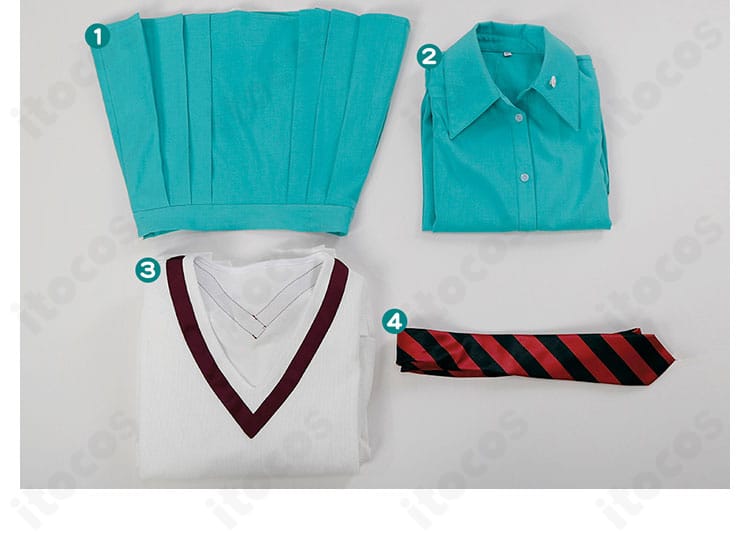 アマテ・ユズリハ（マチュ）制服コスのセット内容一覧。トップス、シャツ、ミニスカート、ネクタイの4点を平置きで表示。