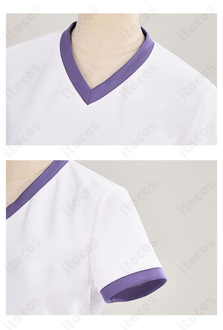 ジャージの襟元と袖口のディテール。カサマツトレセン学園らしい配色とステッチ、ライン幅の再現点をクローズアップ。