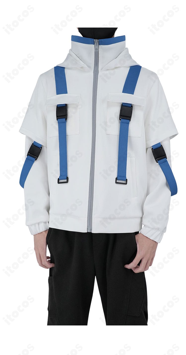 WIND BREAKER 名取慎吾コスプレの胸元装飾と刺繍のクローズアップ。糸の立体感と縫製精度を強調。