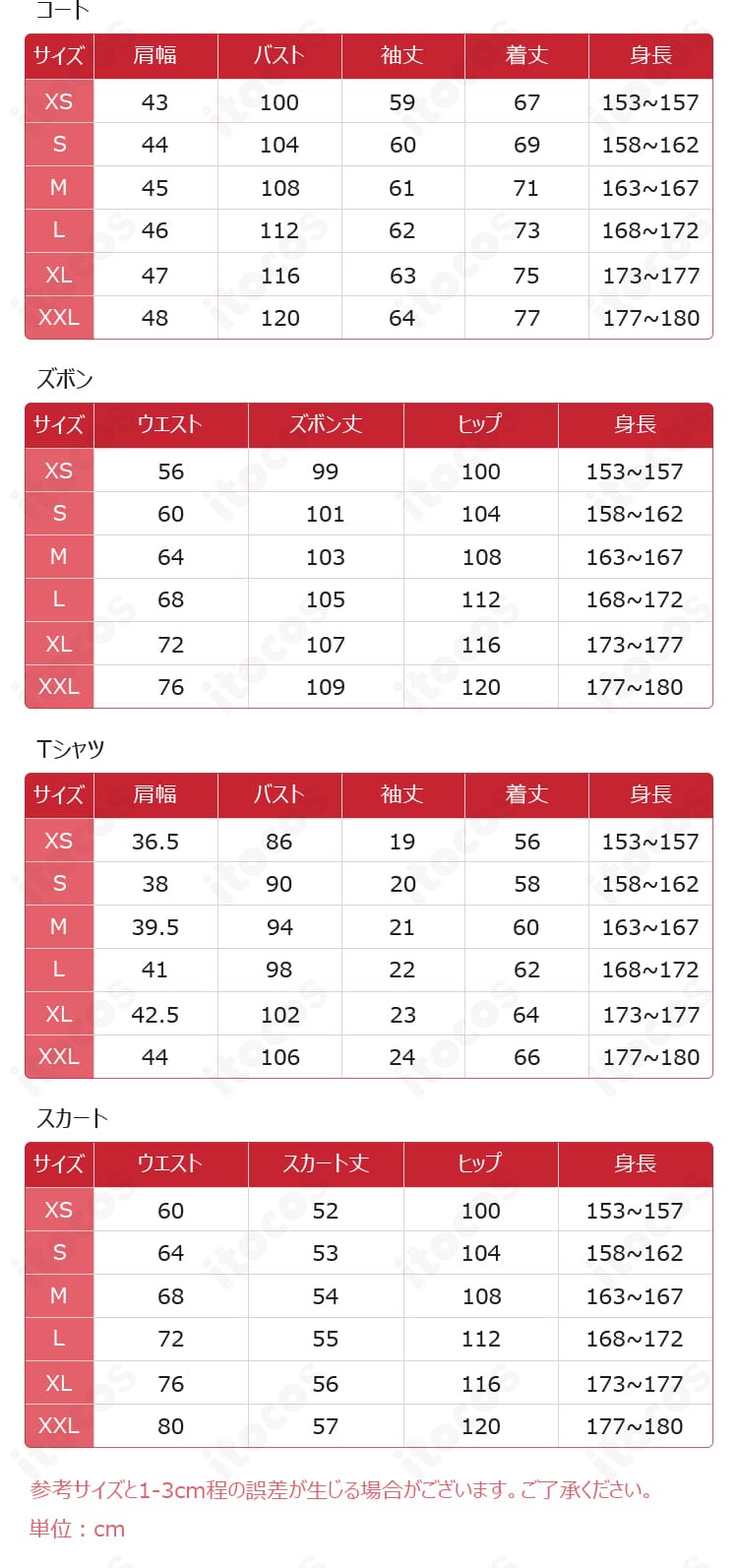 後藤ひとり ジャージ衣装のサイズ表と寸法ガイド。XS〜XXLの仕上がり寸とフィット感の目安を示す画像。