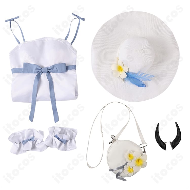 セット内容一式の平置き画像。ワンピース、帽子、腕飾り、角、メッセンジャーバッグの同梱品が分かる構成。