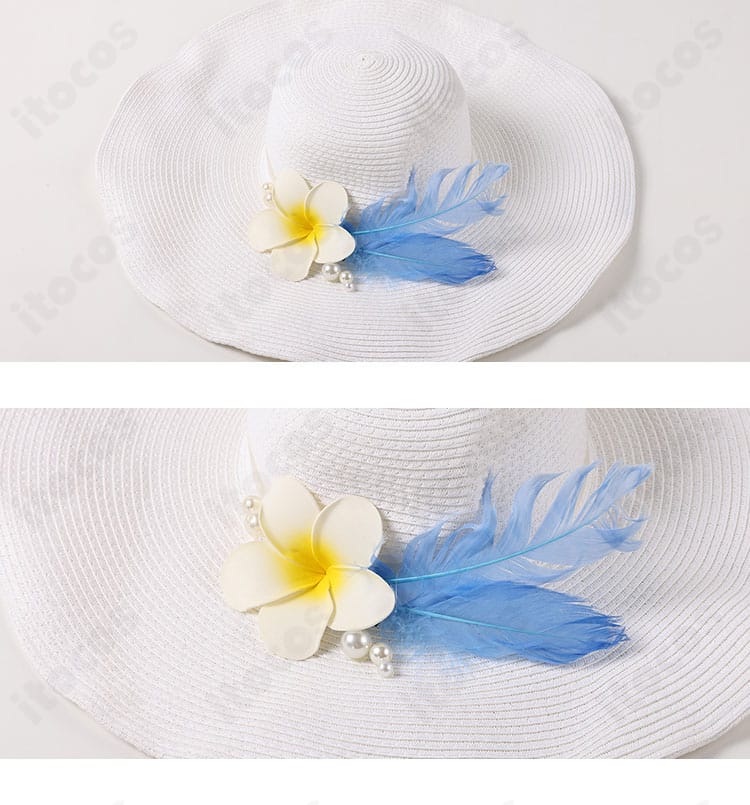 帽子装飾のクローズアップ。ブリムの形、飾りパーツの配置、素材の質感を示す氷室セナ私服コスプレの帽子画像。