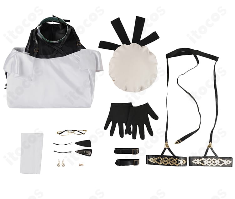 FGO メリュジーヌ 英霊博装Ver.コスプレ衣装のセット一覧。ワンピース、帽子、手袋、靴下、腕飾り、髪飾り、メガネ、ガーターベルトが含まれる内容写真。