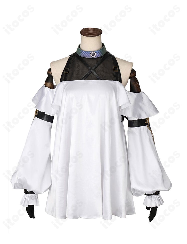 FGO メリュジーヌ 英霊博装Ver.コスプレ衣装の正面全身。ワンピースのラインと襟元の装飾、配色の美しさを確認できる画像。