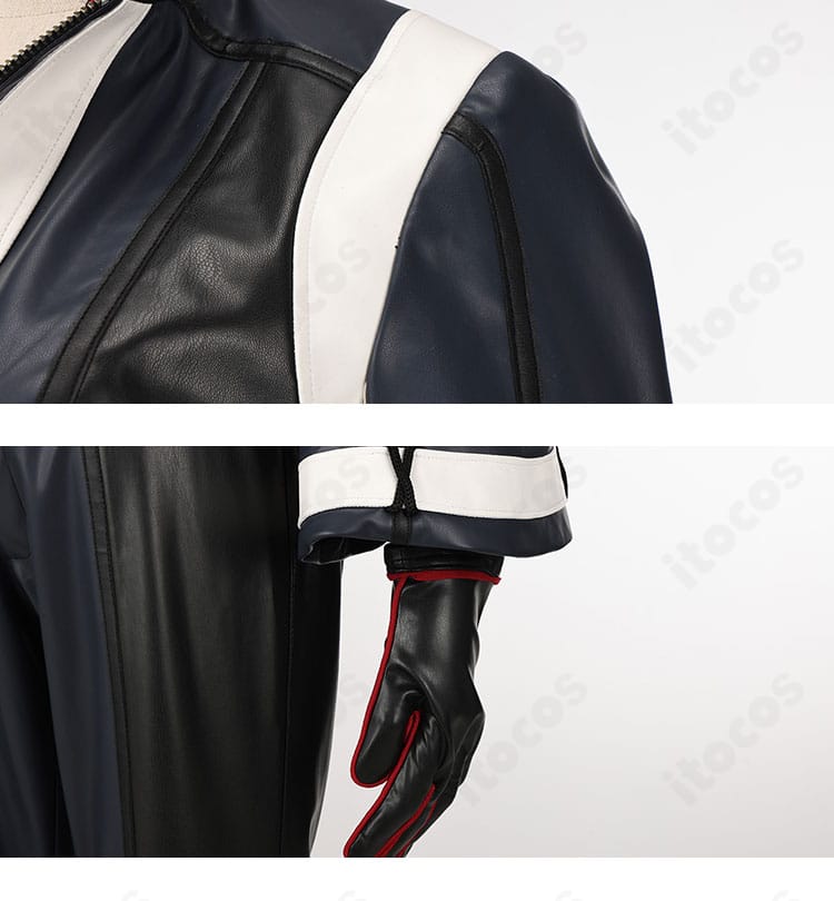 肩周りと手袋装飾のディテール。立体的な縁取りと滑らかな素材感が映える不知火 舞コスチューム。