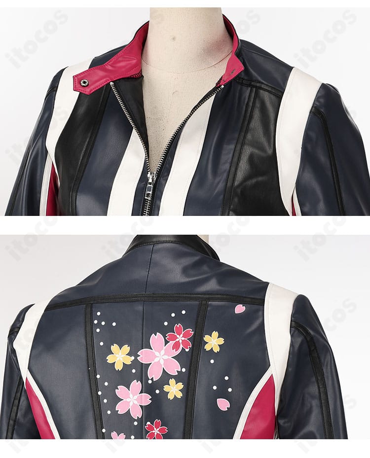 襟元と背面装飾のクローズアップ。精緻な縁取りとステッチで和風ディテールを再現した不知火 舞衣装。