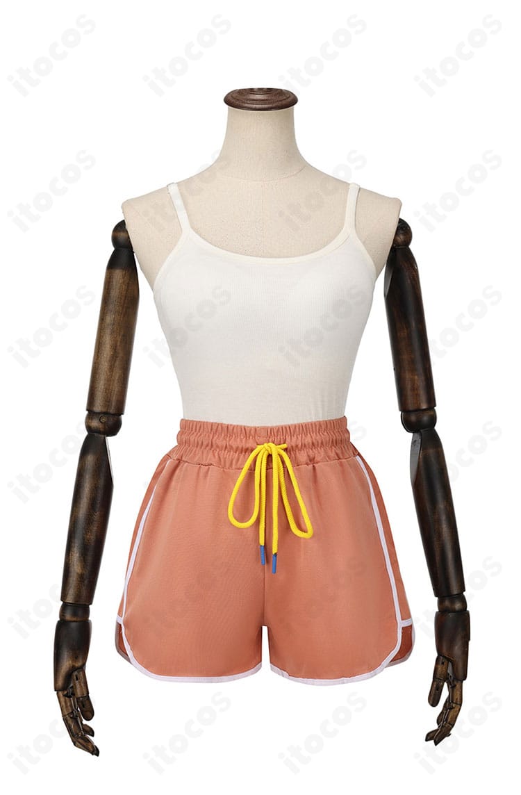 不知火舞コスプレ衣装の正面。襟元装飾とトップス〜ショートパンツのシルエットが分かる画像