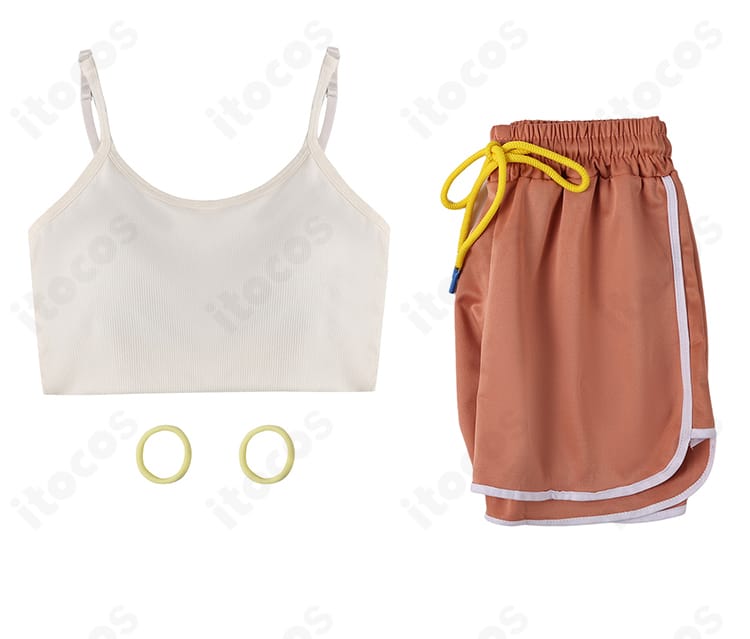 不知火舞コスプレ衣装セット内容一式。トップスとショートパンツの2点が一目で分かる配置画像