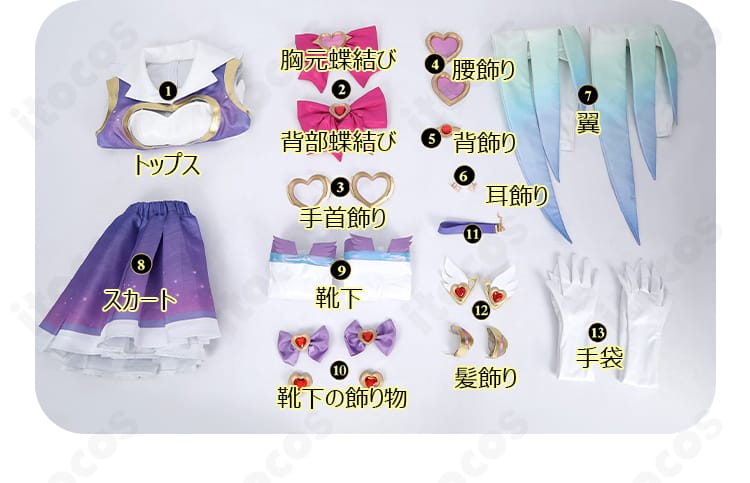 セット内容の一覧写真。トップス、スカート、リボン、翼、飾り物、手袋など同梱品が一目で分かる画像
