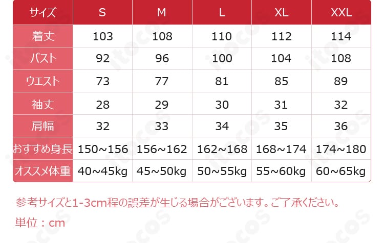 サイズ表と寸法対応の図。S〜XXLの各サイズスペックを説明する画像