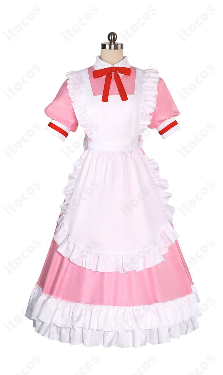 鹿目まどか メイド服コスプレ衣装の正面全体。リボンとエプロンの配置、フリル感が確認できる画像