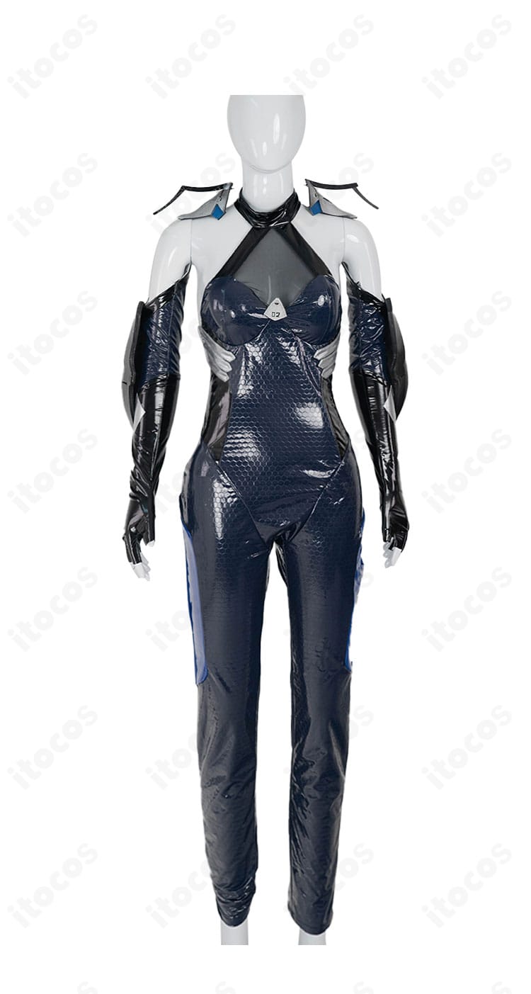 勝利の女神：NIKKE セイレーン リトルマーメイド コスプレ衣装の正面全体像。ジャンプスーツのラインと花柄刺繍の配置が分かる画像。