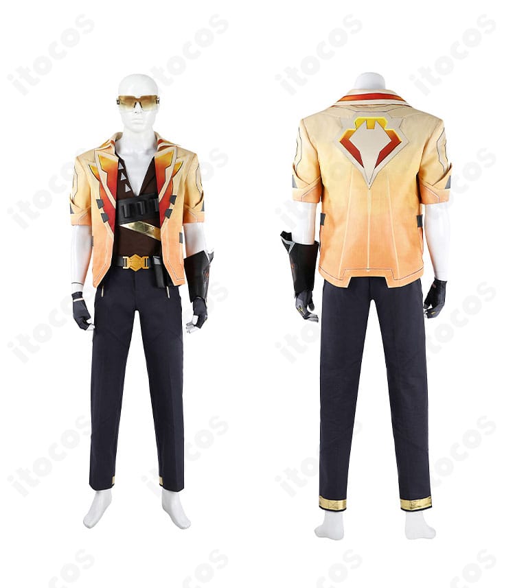 VALORANT テホ衣装の正面・背面。コートのシルエットとベルト配置、全体バランスが一望できます。