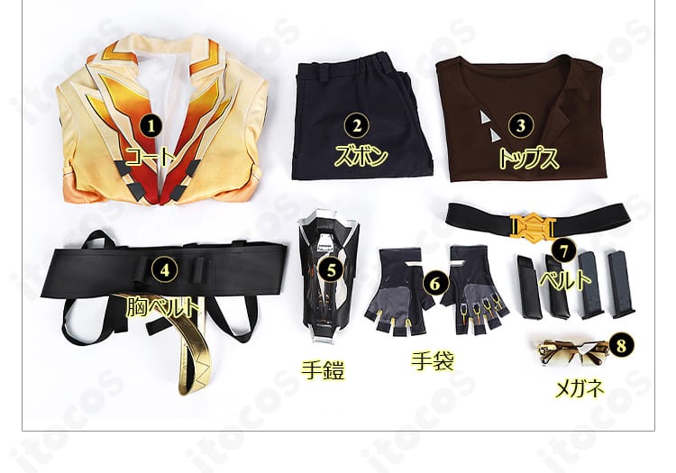 VALORANT テホ衣装のセット内容一覧。コート、ズボン、トップス、胸ベルト、手鎧、手袋、ベルト、メガネを配置。