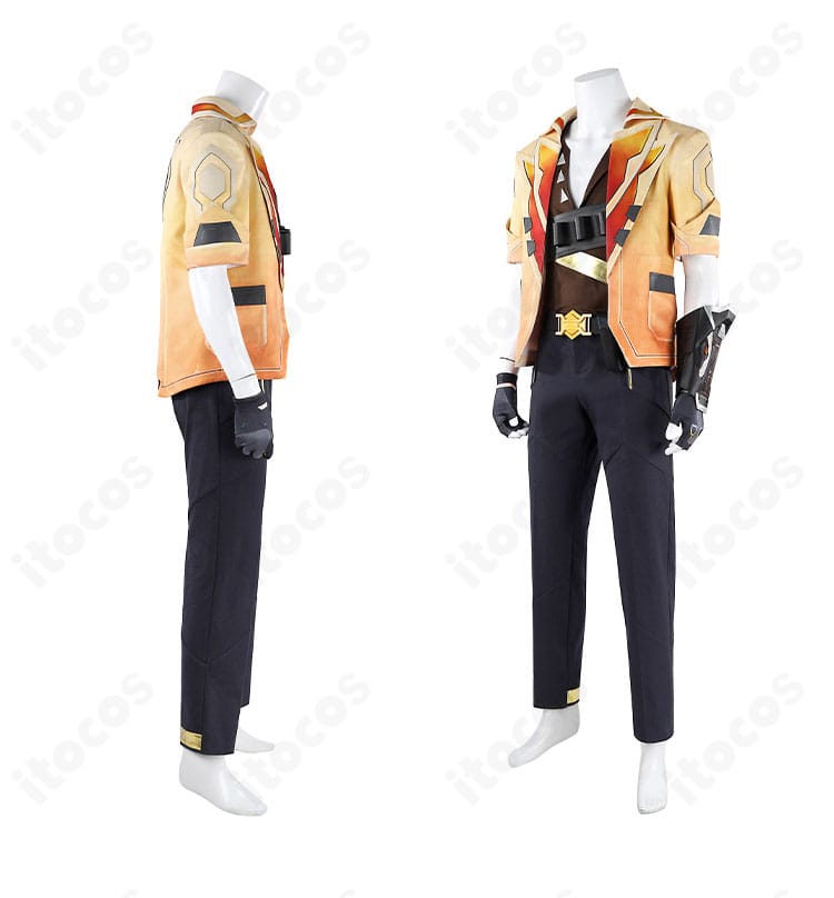 VALORANT テホ衣装のサイドビュー。コートのラインと腰回りのギア配置がわかる角度のカット。