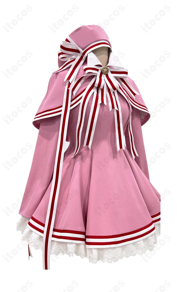 側面図。スカートの広がりとシルエット、太もも飾りの位置関係、ストールの落ち感が確認できる画像。