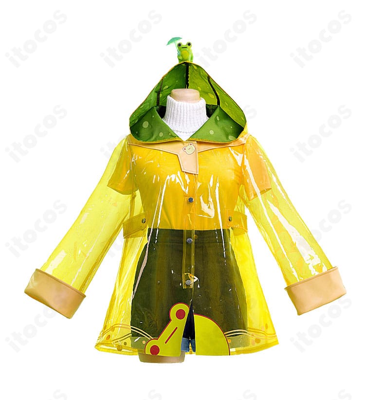 メイ レイニー・デイ コスプレ衣装の正面全体。コートとつけ襟、ショートパンツの配置がわかる