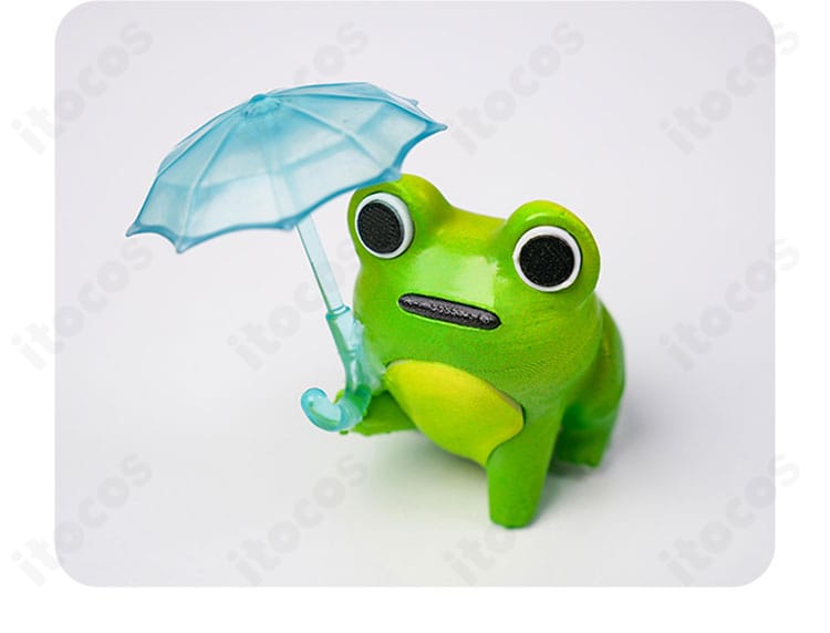 青蛙装飾パーツのクローズアップ。レイニー・デイの象徴的アイコンを鮮明に表現