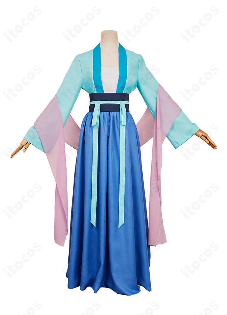 薬屋のひとりごと 猫猫コスプレ衣装の正面全身。ショールと腰封を含む配色と装飾を確認できる画像。