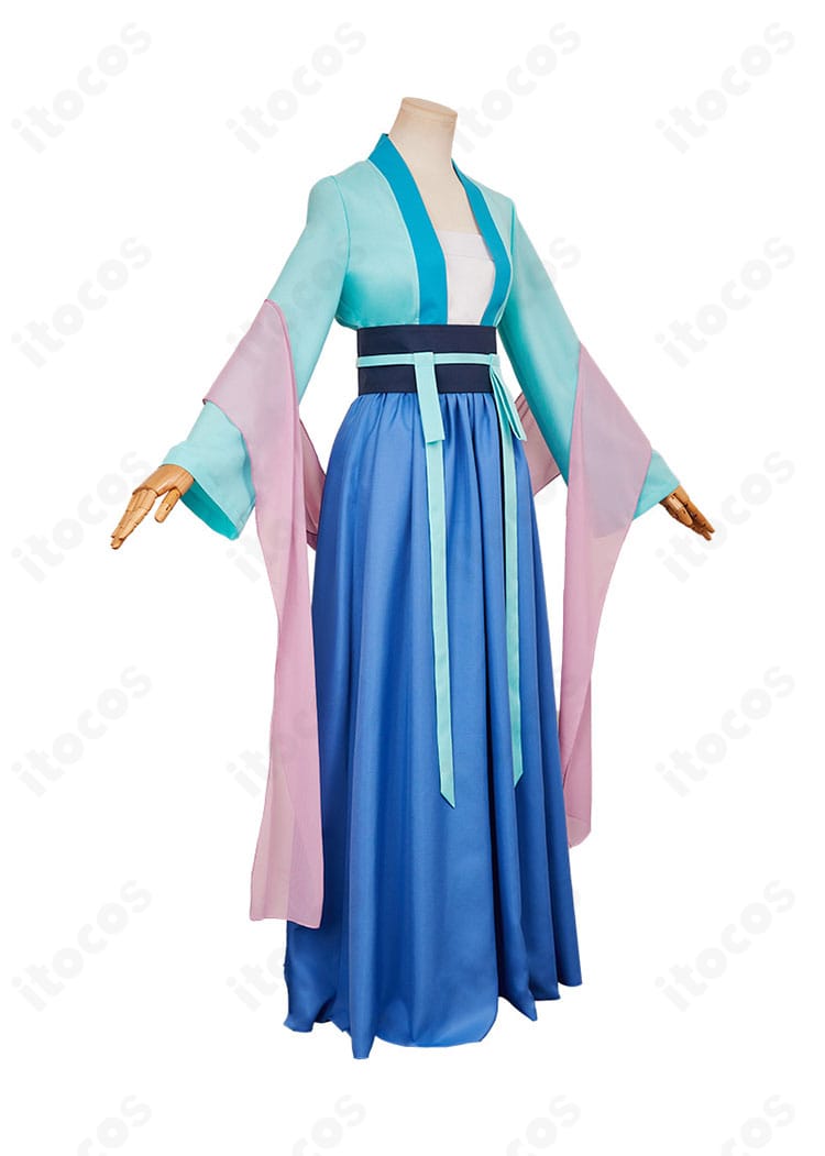 薬屋のひとりごと 猫猫コスプレ衣装の左側面。スカートのシルエットと袖口の装飾を確認。