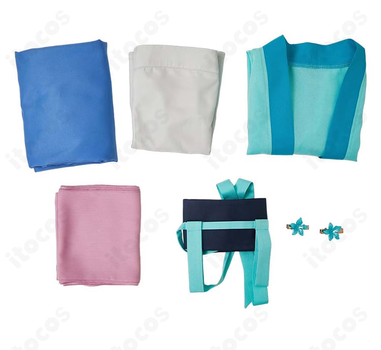 薬屋のひとりごと 猫猫コスプレ衣装のセット一式を並べた画像。トップス・スカート・ショール・腰封・インナー・髪飾りを確認可能。