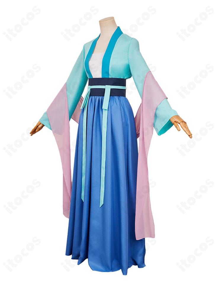 薬屋のひとりごと 猫猫コスプレ衣装の右側面。ショールのドレープと腰回りの立体感が分かるカット。