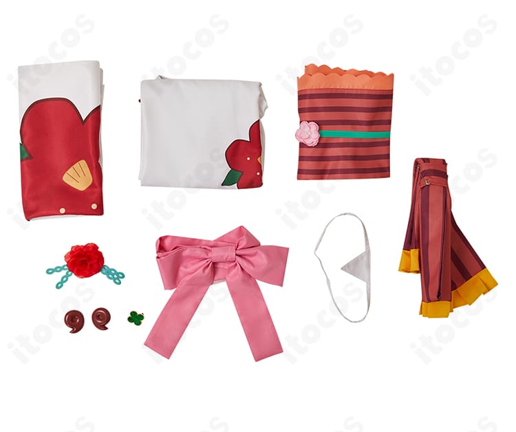 地縛少年花子くん 八尋寧々 浴衣コスプレ衣装 セット内容一式。トップス・スカート・コルセットベルト・腰蝶結び・髪飾りを並べて展示。